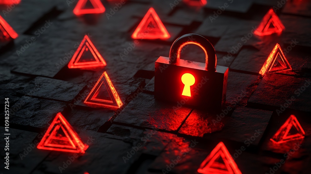 Poster a digital lock surrounded by glowing red triangular shapes on a dark surface.