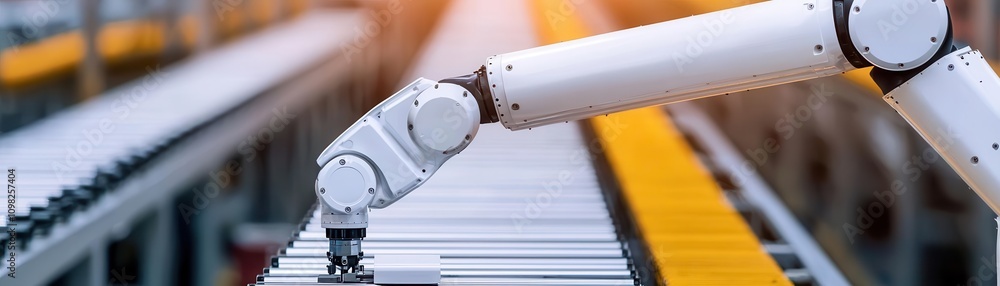 Poster a robotic arm is working on a production line, showcasing automation in a modern industrial setting.