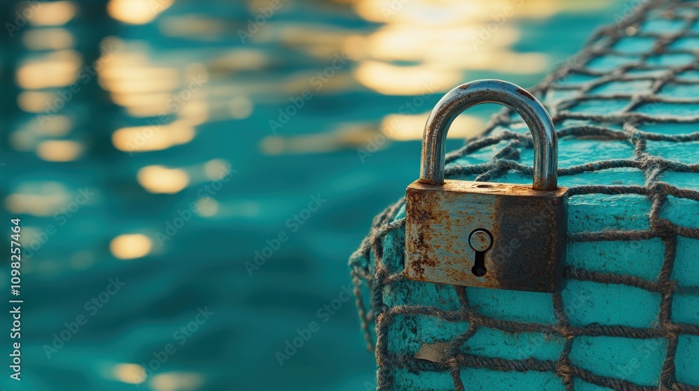 Poster a rusty padlock on a netted surface near shimmering water, symbolizing security and mystery.