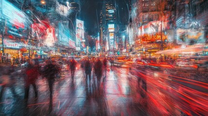 Fototapeta premium Times Square Night Lights: A Blur of Urban Energy