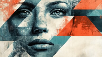 Abstract Geometric Portrait: A Woman's Face in Teal, Orange, and Gray Hues