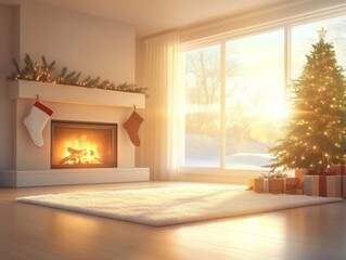 Fototapeta premium Cozy Christmas Room with Fireplace and Christmas Tree