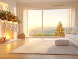 Fototapeta premium Cozy Christmas Living Room with Fireplace and Christmas Tree.