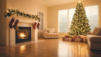 Cozy Christmas Living Room with Fireplace and Decorated Tree