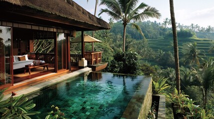 Obraz premium Immerse Yourself in a Luxurious Tropical Villa Nestled in a Lush Jungle Oasis Featuring a Private Pool and Breathtaking Scenic Vistas An Idyllic Escape for Relaxation Adventure