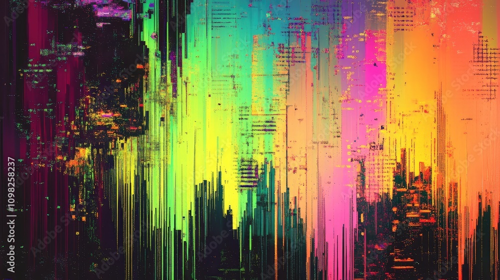 Poster fragmented pixel lines with vibrant color disruptions, simulating a digital breakdown in neon