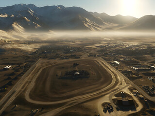 Desert Racetrack 3D Illustration: Aerial View of Oval Track