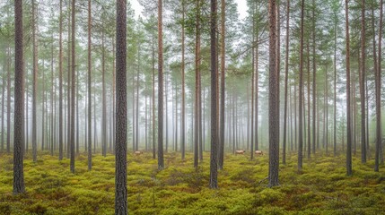 Obraz premium Misty Forest Enchantment: A Serene Pine Forest with Grazing Deer