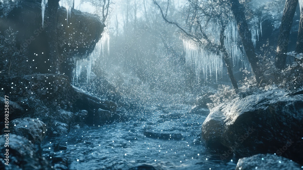Aufkleber frozen forest with delicate data points scattered on branches, adding a digital effect to the icy sc