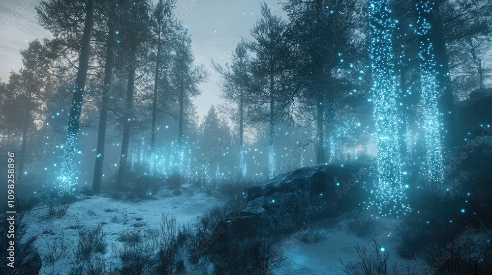 Aufkleber frozen forest with delicate data points scattered on branches, adding a digital effect to the icy sc