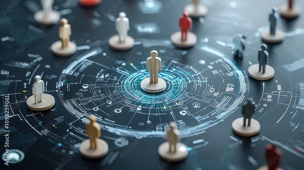 Poster Wooden Figures Radiating Light Aligned on Top of Futuristic Buildings Symbolizing the Value of Unity and Diversity in Professional Teams and the Potential for Innovation and Growth Through