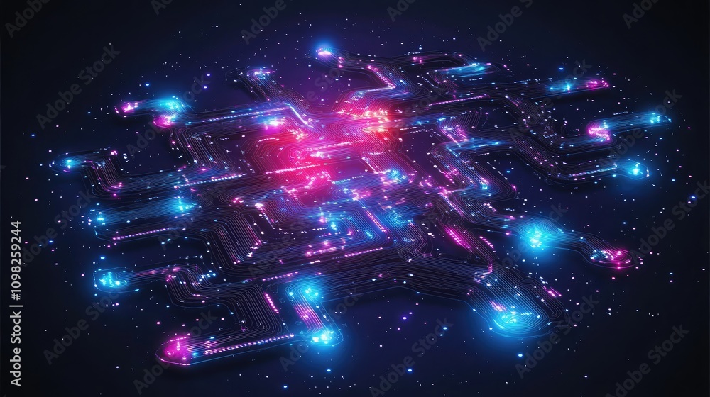 Aufkleber futuristic circuit map with illuminated lines and points, giving a holographic effect against dark g