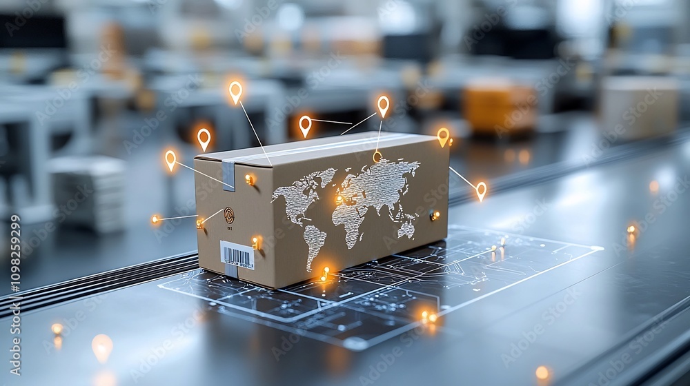 Poster Glowing shipping box with world map design resting on an illuminated rail surrounded by pin shaped nodes forming a futuristic global network