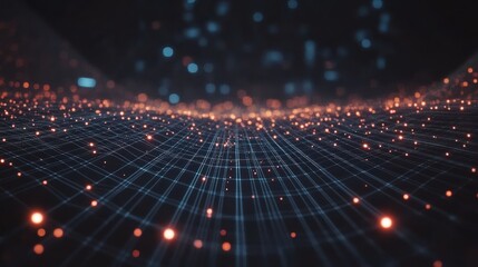 Abstract digital landscape with glowing particles and grid lines.