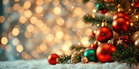Obraz premium Close-up of glistening Christmas ornaments nestled in snowy branches with a background of warm bokeh lights