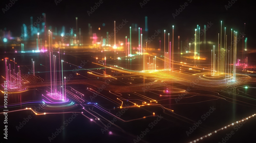 Poster futuristic circuit map with illuminated lines and points, giving a holographic effect against dark g