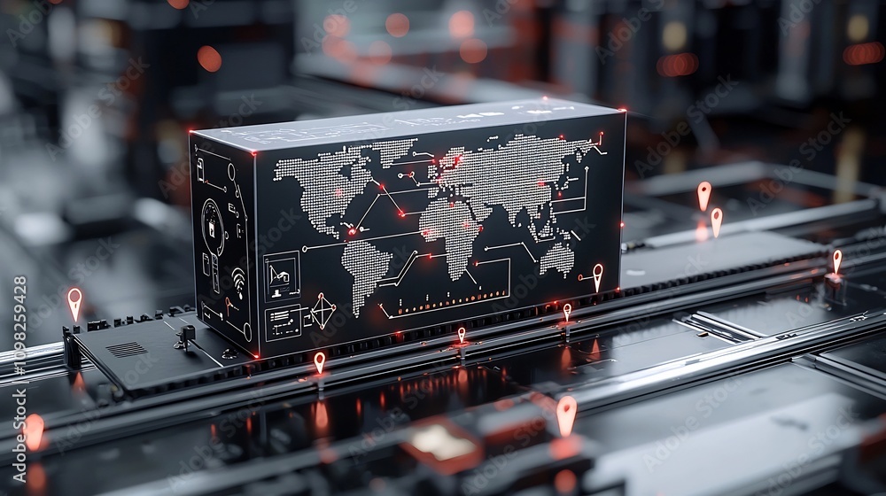Poster Digital Shipping Box Design Featuring Glowing World Map Motif on Futuristic Rail Network System Symbolizing Global Commerce and Logistics Connectivity