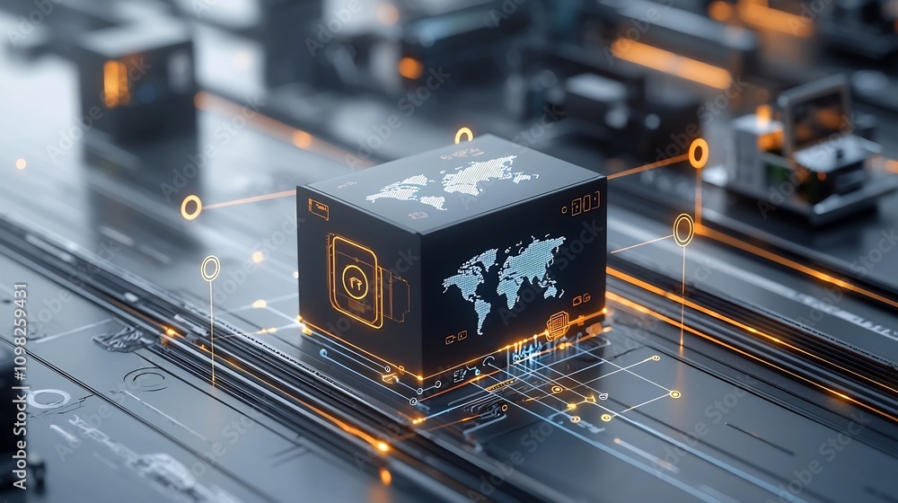 Poster Luminous world map design printed on a shipping box placed on a high tech rail connected by glowing pin nodes symbolizing a digital global transportation and communication network