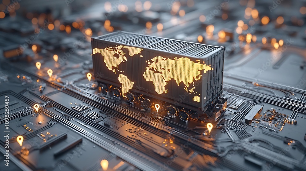 Poster Glowing Futuristic World Map Shipping Box Resting Atop a Dynamic Rail Network Surrounded by Bright Pin Shaped Nodes Symbolizing International Logistics and Global Connectivity