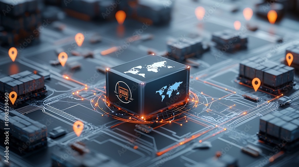 Aufkleber glowing world map shipping box atop rail network with bright connectivity nodes symbolizing internat