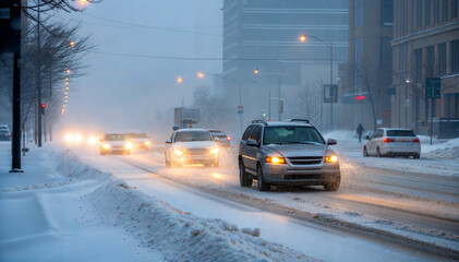 cars driving during snowstorm on downtown street, dangerous traffic in the city in winter