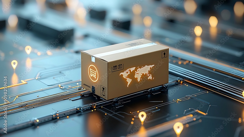 Poster glowing global logistics a futuristic shipping box on smart network rails symbolizing international 