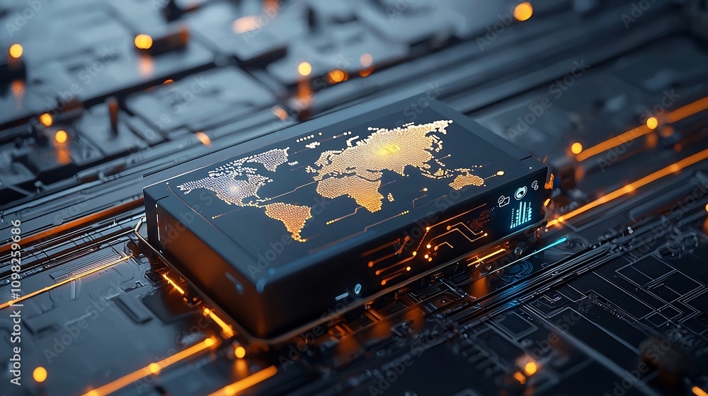 Fototapete Futuristic shipping box featuring a glowing world map design placed on a sleek rail illuminated by interconnected pin nodes showcasing innovative transportation and logistics technology