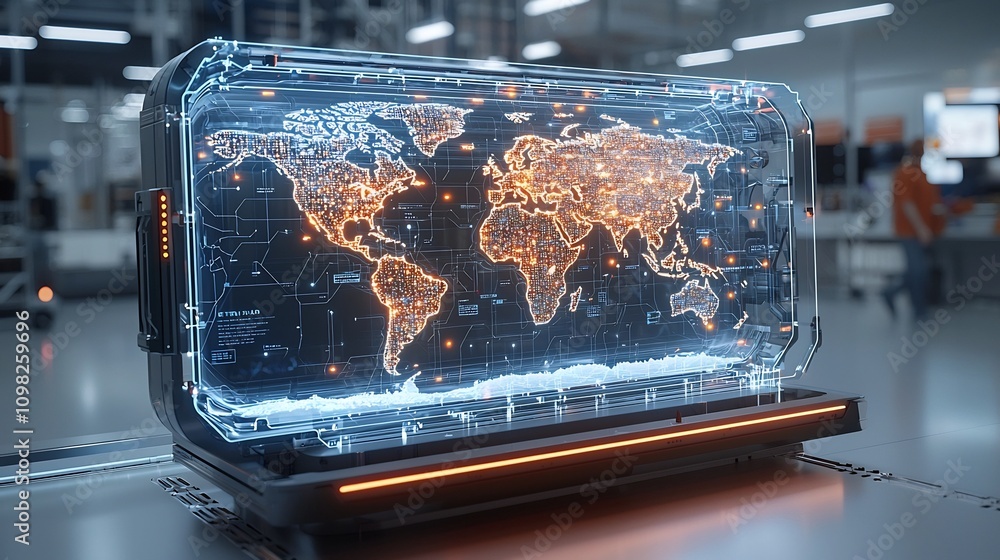 Poster Futuristic shipping box featuring a glowing world map design placed on a sleek rail illuminated by interconnected pin nodes showcasing advanced logistics and global connectivity in a modern