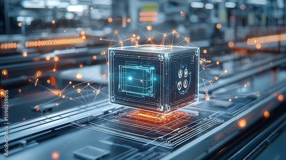 Aufkleber Radiant and Futuristic Shipping Box Glowing on a High Tech Rail Network with Pin Shaped Nodes for Innovative Global Transport Visualization and Logistics