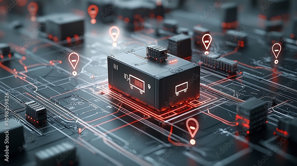 Poster Radiant shipping box resting on a futuristic rail system with pin shaped nodes glowing in a connected pattern representing a global transport and logistics visualization concept