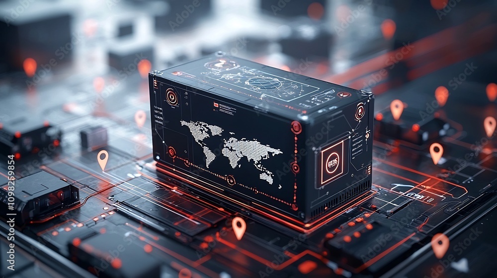 Poster Sleek modern shipping box with a glowing world map sitting on a rail surrounded by vibrant pin shaped nodes forming a digital logistics network