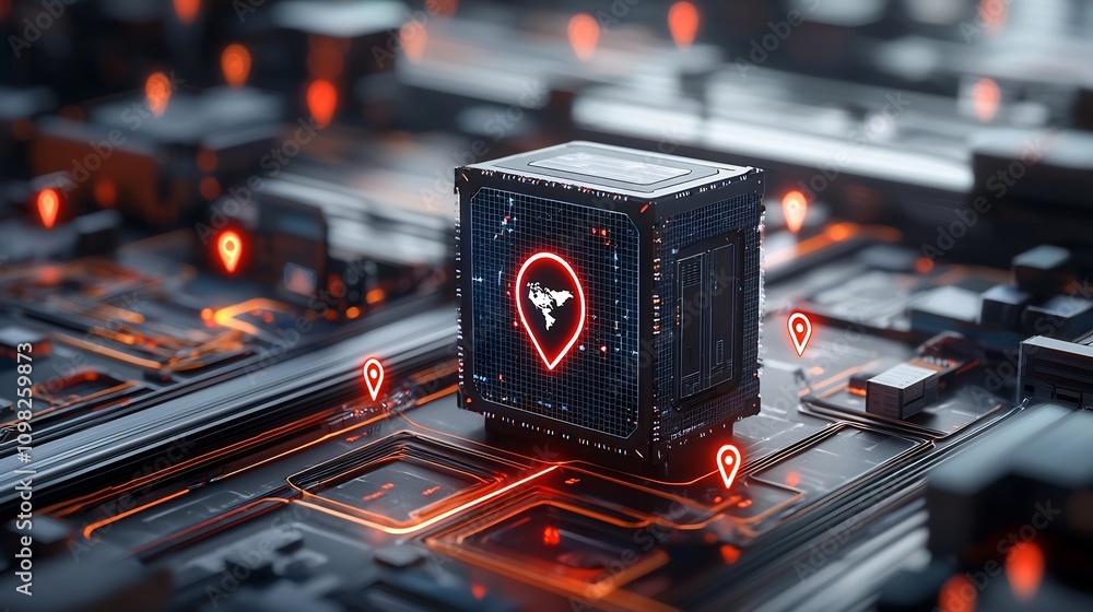 Poster Sleek and modern shipping box resting on a digital logistics network with a vibrant glowing world map and pin shaped nodes