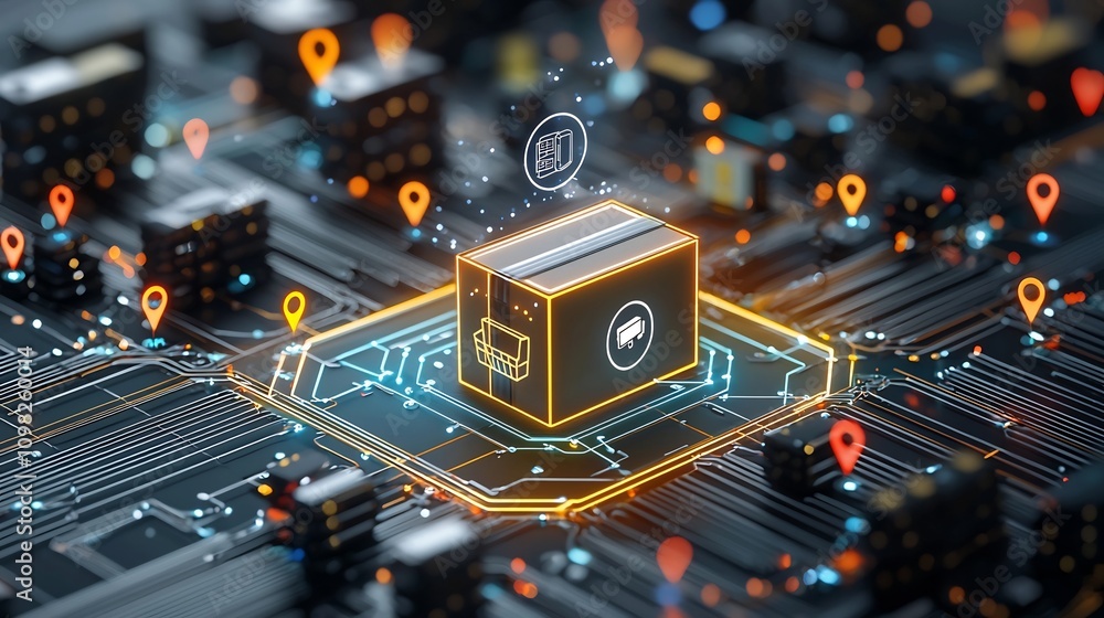 Poster Futuristic logistics network concept showcasing a glowing shipping box traveling along a rail system with a vibrant pin node interface forming a seamless digital infrastructure