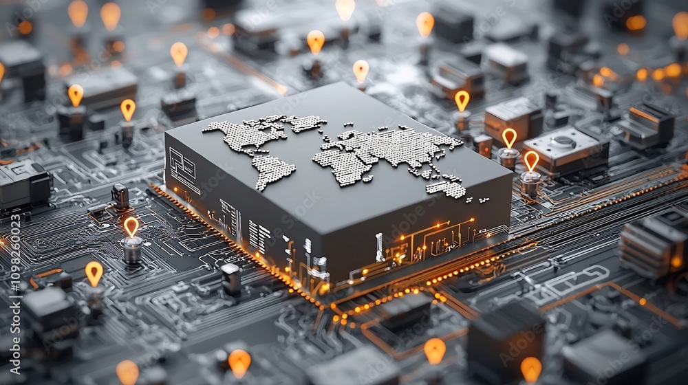 Poster Luminous world map design on a shipping box placed on a high tech rail surrounded by glowing pin shaped network nodes