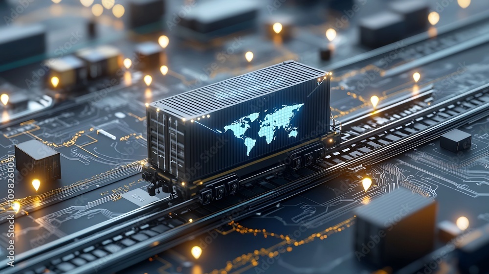 Poster Futuristic Glowing Shipping Box with World Map Design on a Radiant Rail Network Connected by Pin Shaped Nodes Symbolizing the Future of Global Trade and Logistics