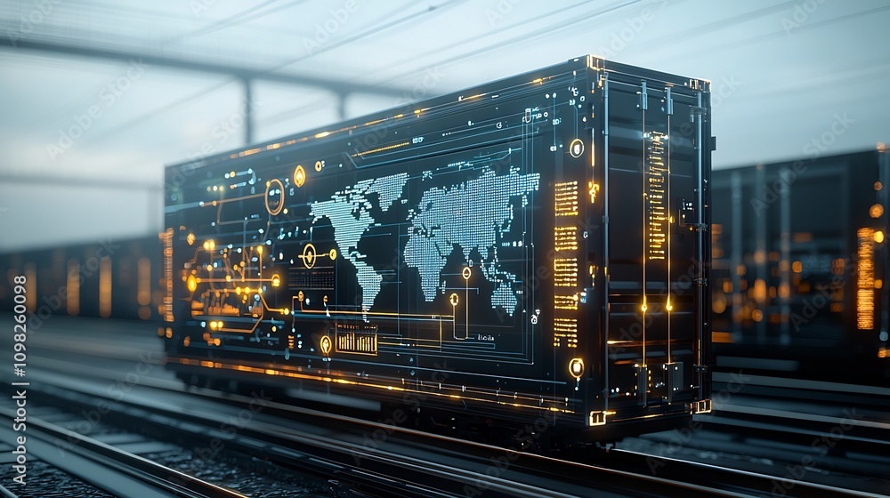 Poster A futuristic glowing shipping box with a world map design symbolizing global trade and connectivity displayed on a rail network with radiant pin shaped nodes