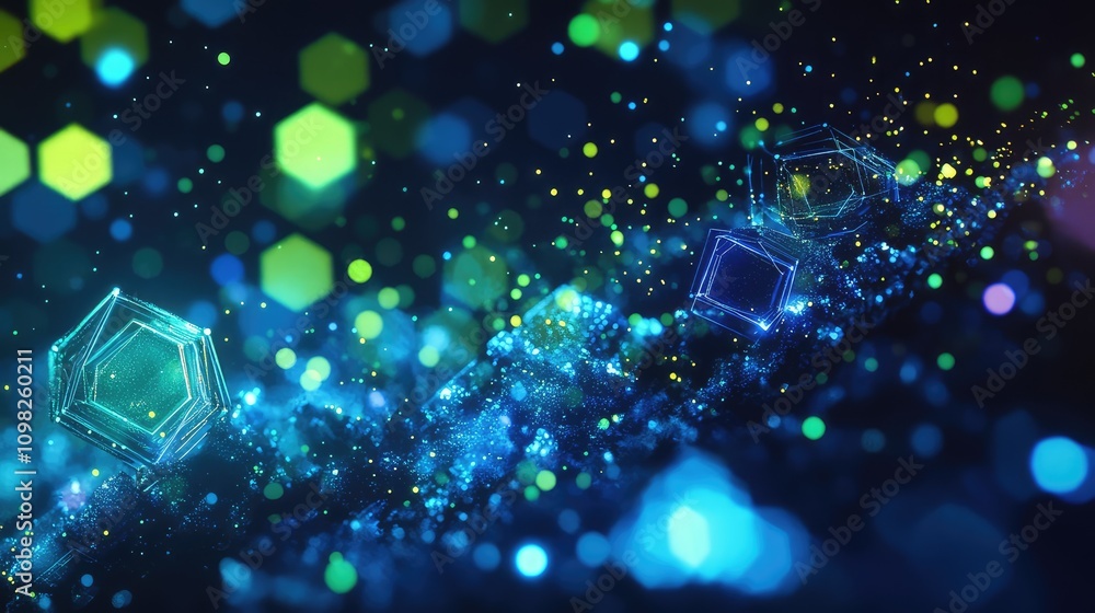 Poster futuristic hexagonal data grid, glowing blue and green, floating over a dark background with digital