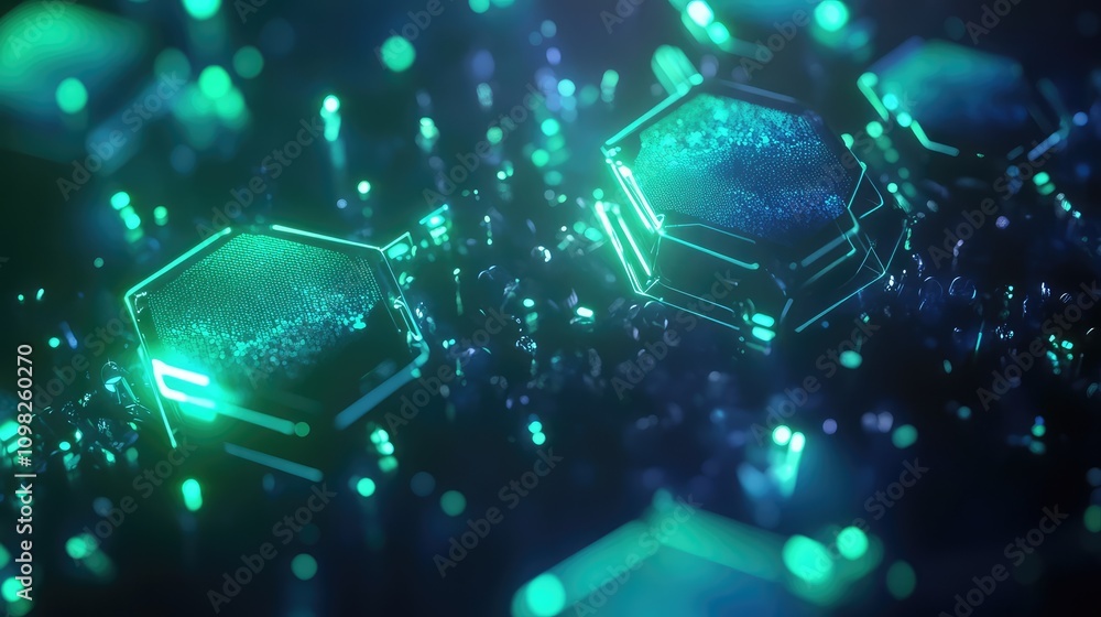 Poster futuristic hexagonal data grid, glowing blue and green, floating over a dark background with digital