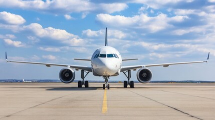 A front view of a commercial airplane on an airport runway under a cloudy sky.