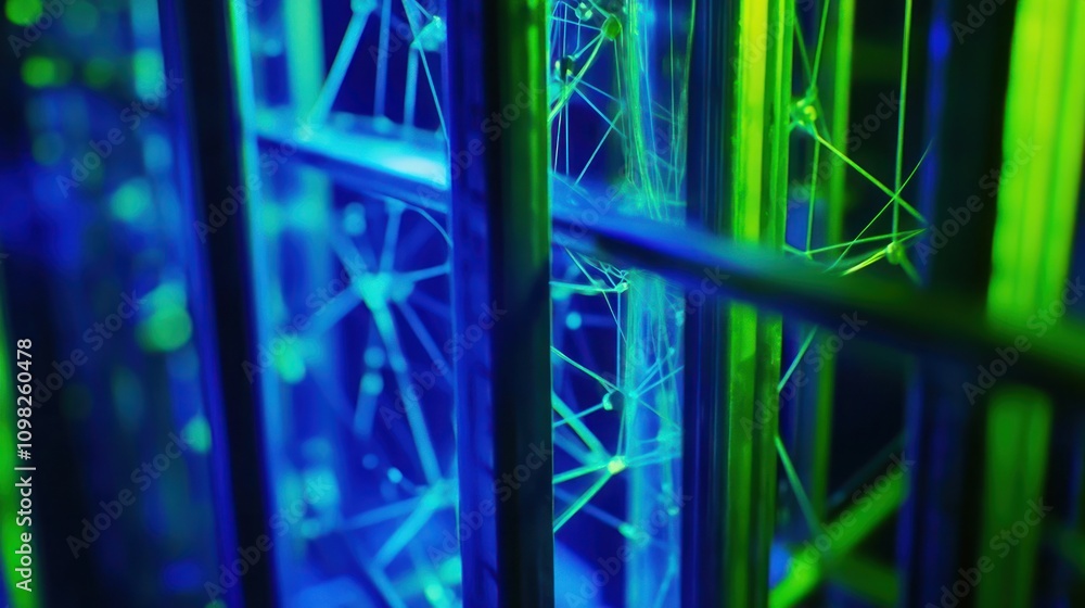 Poster abstract representation of interconnected nodes and structures in vibrant blue and green hues.