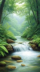 Fototapeta premium Serene Waterfall in Lush Green Forest.