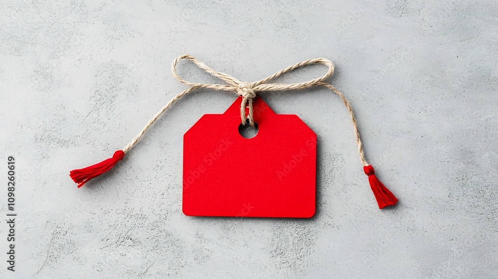Aufkleber close up of a bold vibrant red tag with a shiny smooth surface and a sturdy attached string isolated