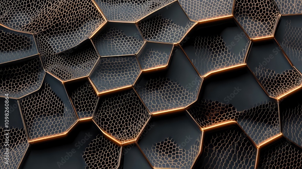 Poster futuristic wireframe lines that form hexagonal shapes, representing data structures in metallic tone