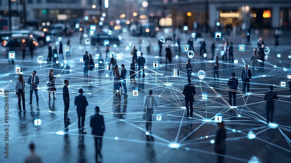 Aufkleber Silhouetted business people interconnected with bright dots and lines creating a dynamic web of communication and connection representing the digital world of technology corporate partnership