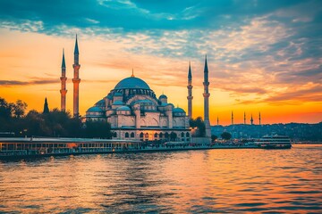 Fototapeta premium Serene Silhouette of Dome and Minarets at Sunset