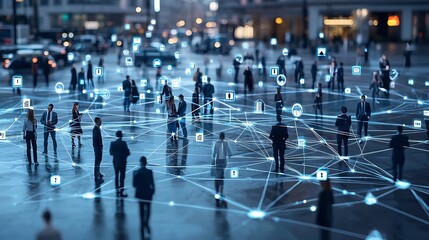 Silhouetted business people interconnected with bright dots and lines creating a dynamic web of communication and connection representing the digital world of technology corporate partnership