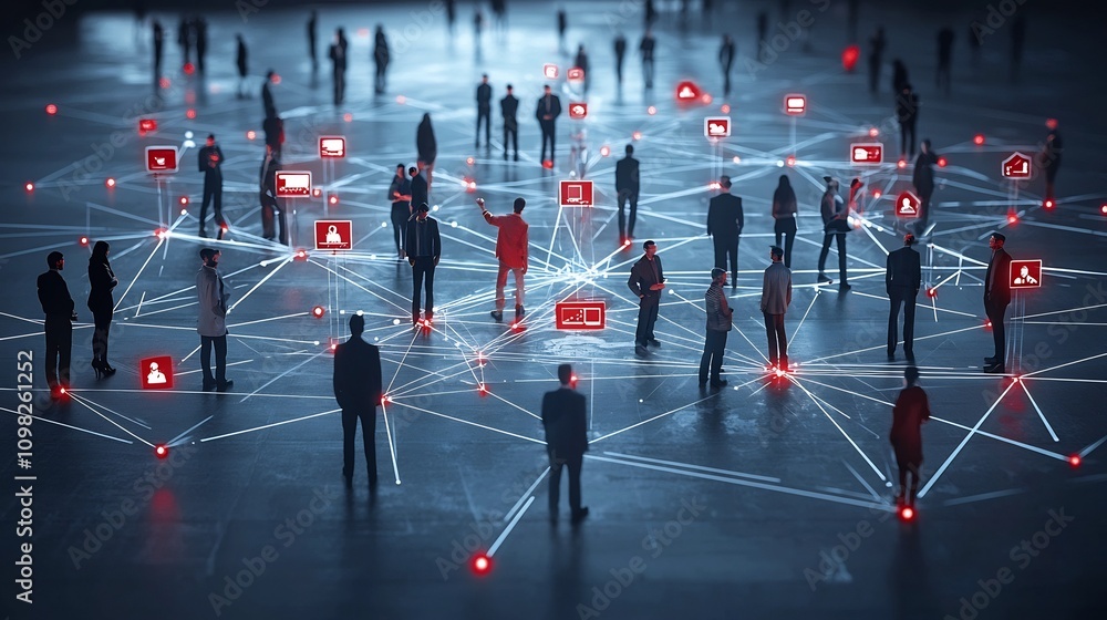Poster interlinking shadows of diverse business professionals connected through a glowing digital network s