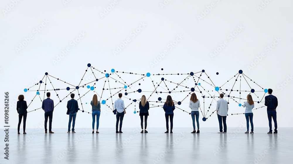 Aufkleber silhouetted teamwork figures standing connected by bright network links and dots emphasizing and div