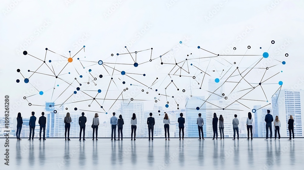 Poster Silhouette figures of a professional team connected by a digital network of bright links and dots symbolizing connectivity in a modern corporate or office setting