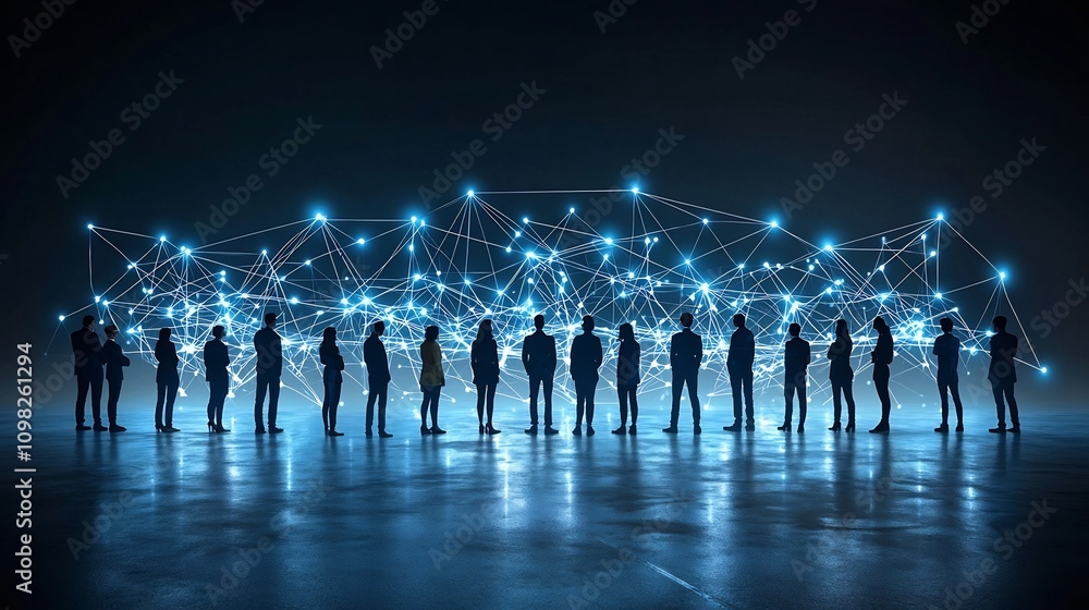 Aufkleber a team of silhouette figures connected by a bright network of links and dots emphasizing the concept